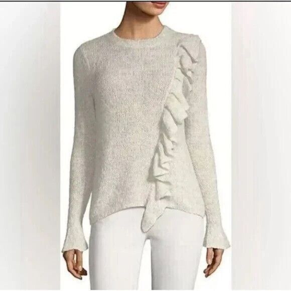 Rebecca Taylor Wool Alpaca Ruffle Pullover Sweater S Gray Ivory Fairy Capsule - Picture 1 of 12